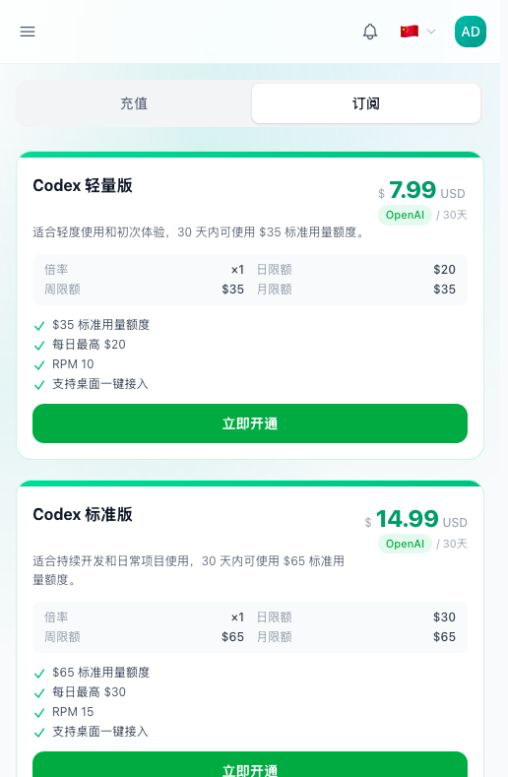 Subscription purchase page with available plans and usage limits.