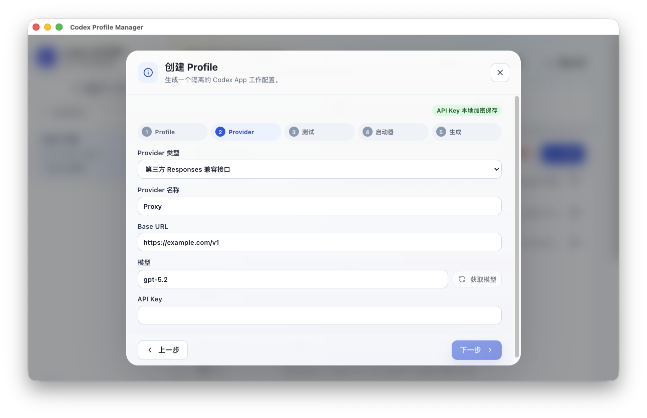 创建 Profile 的 Provider 配置步骤，包含 Provider 类型、Base URL、模型和 API Key 输入框。